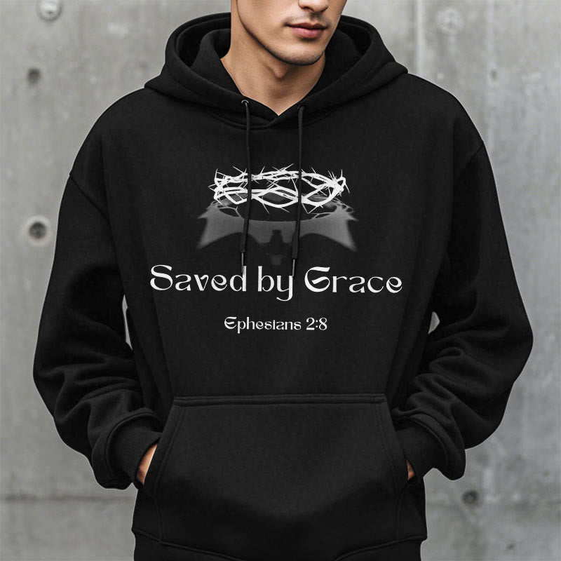 Christianartworkshop Quotation Style Saved By Grace Crown Fleece Lined Polyester Hoodie - image 6