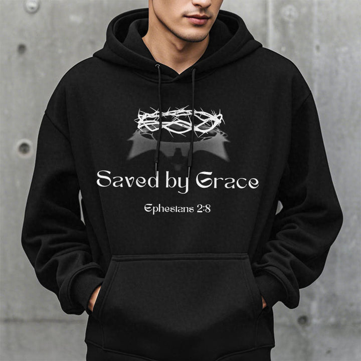 Christianartworkshop Quotation Style Saved By Grace Crown Fleece Lined Polyester Hoodie - image 6