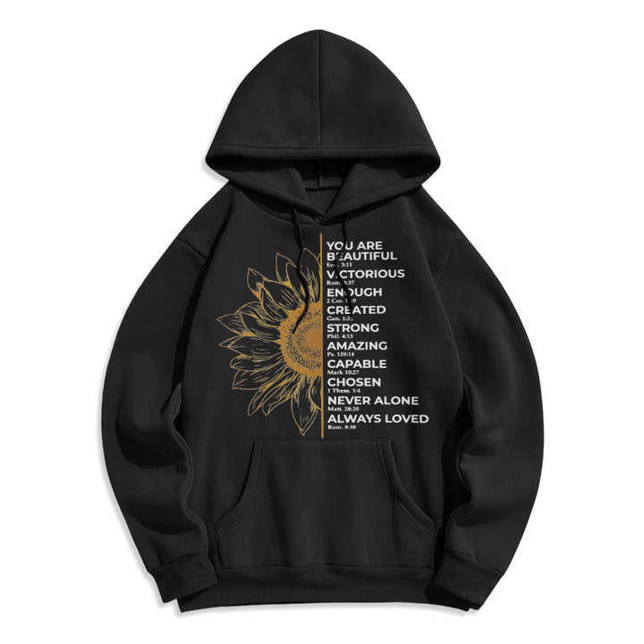 Christianartworkshop Quotation Style Sunflower Strength Positivity Fleece Lined Polyester Hoodie - Black - 2XL - image 6