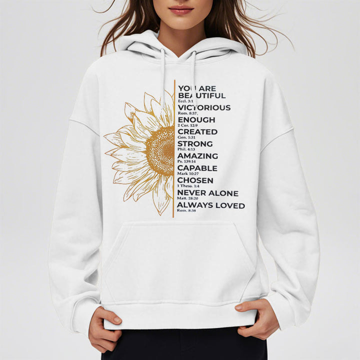Christianartworkshop Quotation Style Sunflower Strength Positivity Fleece Lined Polyester Hoodie - image 3