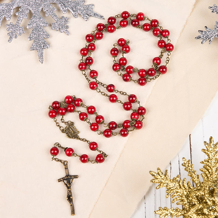 Christianartworkshop Rose & Crucifix of 8 mm Round Red Natural Stone Alloy Chain Rosary - image 2