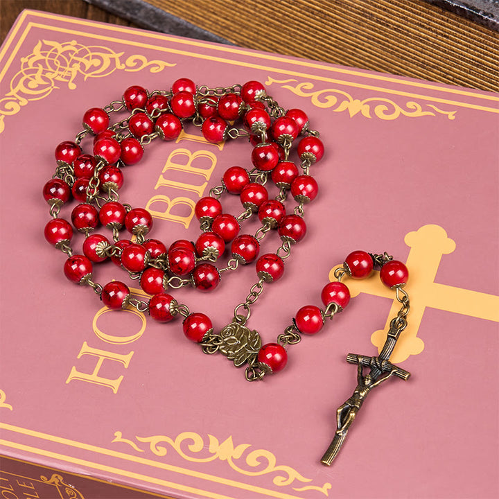 Christianartworkshop Rose & Crucifix of 8 mm Round Red Natural Stone Alloy Chain Rosary - image 3
