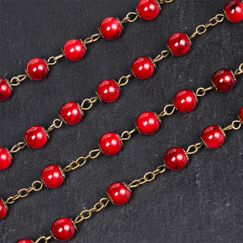 Christianartworkshop Rose & Crucifix of 8 mm Round Red Natural Stone Alloy Chain Rosary - image 5