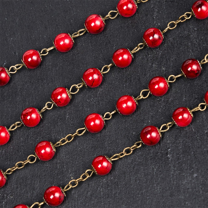 Christianartworkshop Rose & Crucifix of 8 mm Round Red Natural Stone Alloy Chain Rosary - image 5