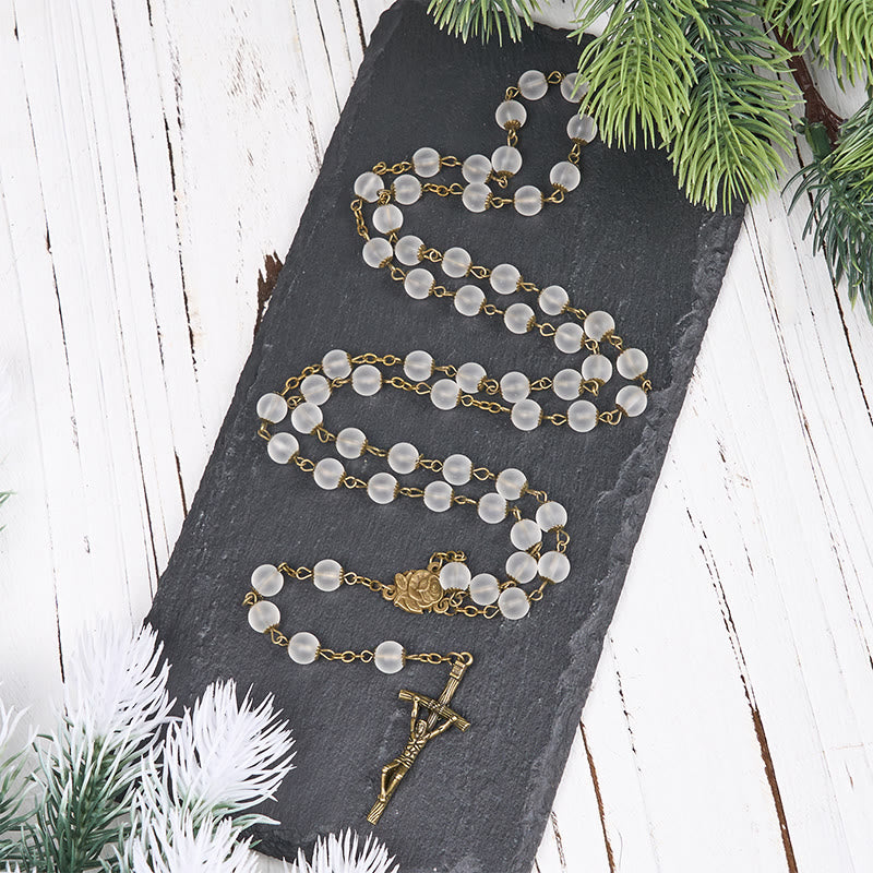 Christianartworkshop Rose & Crucifix of 8 mm Round Clear Glass Alloy Chain Rosary - image 1