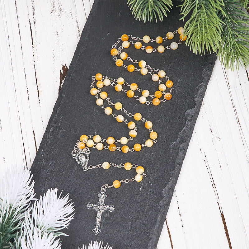 Christianartworkshop Virgin Mary & Crucifix of 8 mm Round Yellow Agate Alloy Chain Rosary - Yellow - image 0
