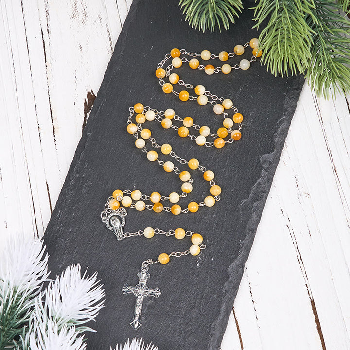Christianartworkshop Virgin Mary & Crucifix of 8 mm Round Yellow Agate Alloy Chain Rosary - Yellow - image 0