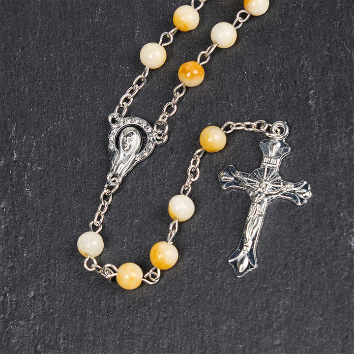 Christianartworkshop Virgin Mary & Crucifix of 8 mm Round Yellow Agate Alloy Chain Rosary - image 5