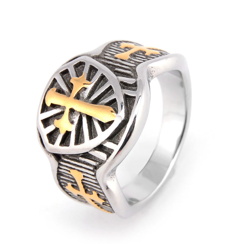 Christianartworkshop Modern Style Shield Cross Divine Protection Ring - Silver&Gold - AU Size Z（US 13） - image 3