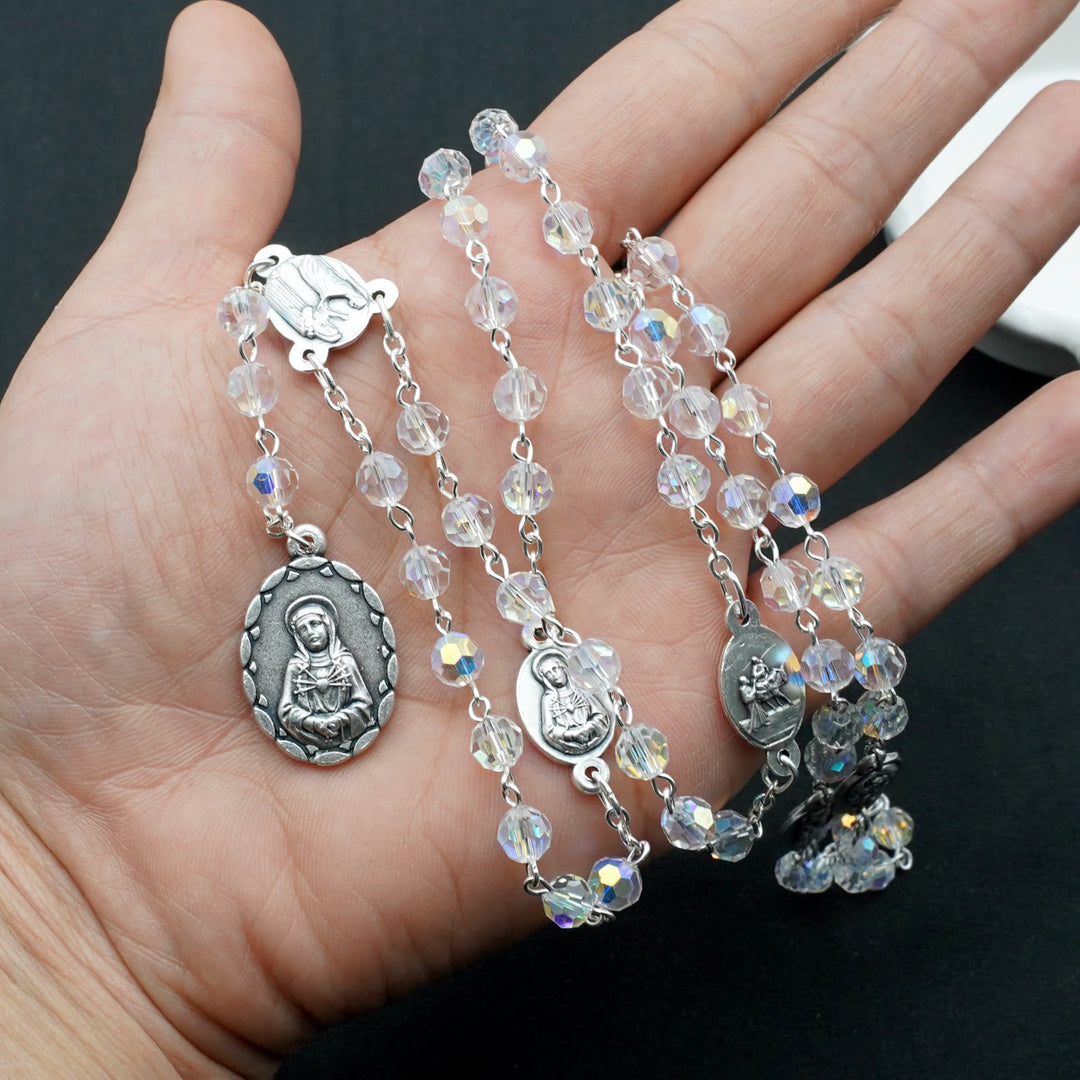 Christianartworkshop Virgin Mary of 6 mm Polyhedron Clear Crystal Alloy Chain Rosary - image 1