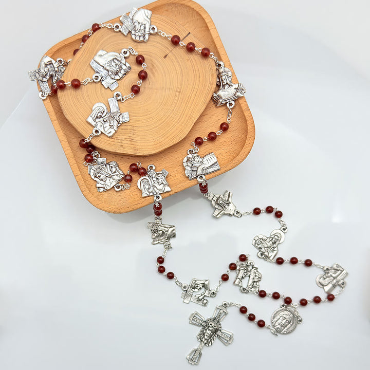 Christianartworkshop Via Crucis the Stations of the Cross Round Red/Black Agate Alloy Chain Rosary