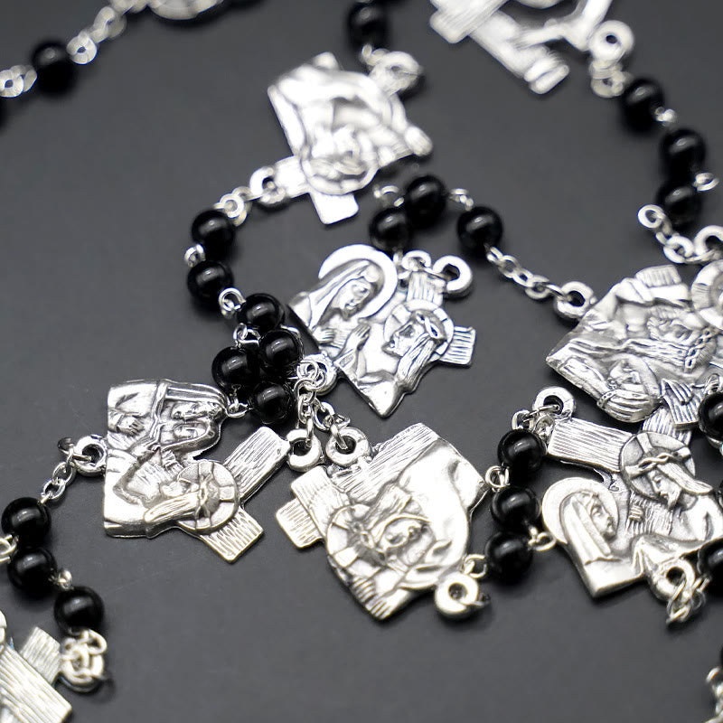 Christianartworkshop Via Crucis the Stations of the Cross Round Red/Black Agate Alloy Chain Rosary