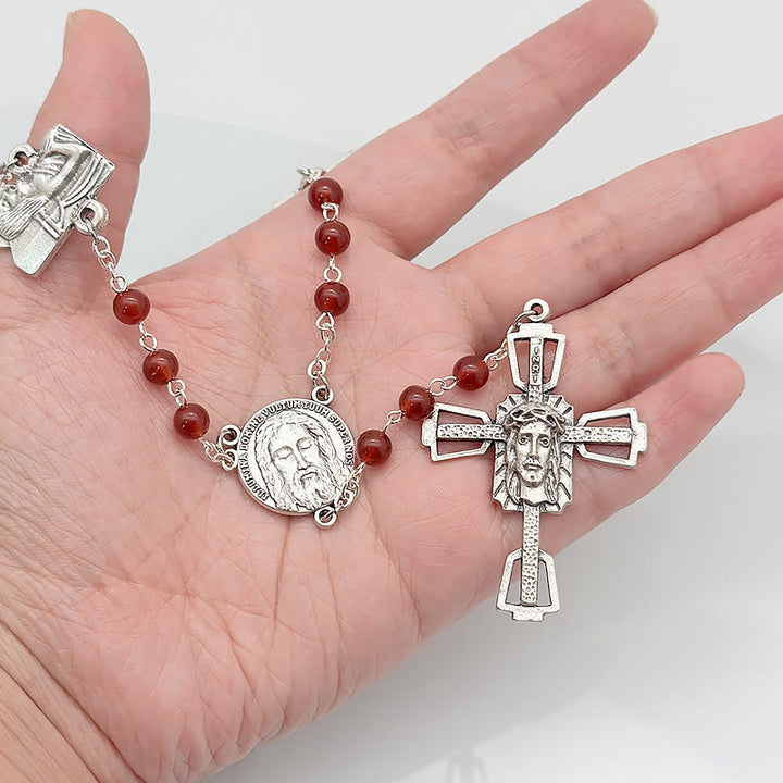 Christianartworkshop Via Crucis the Stations of the Cross Round Red/Black Agate Alloy Chain Rosary