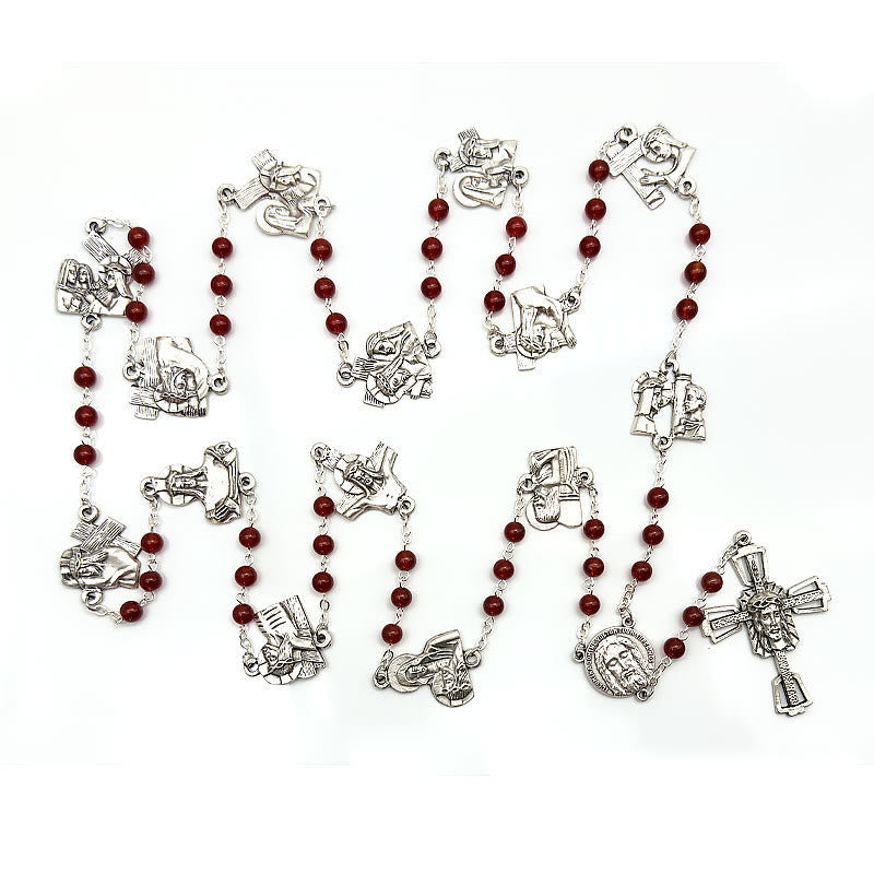 Christianartworkshop Via Crucis the Stations of the Cross Round Red/Black Agate Alloy Chain Rosary