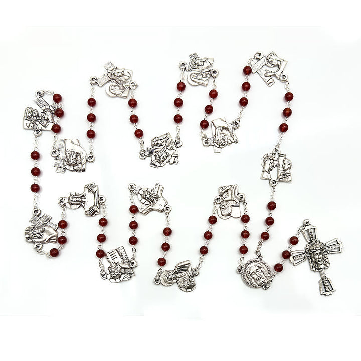 Christianartworkshop Via Crucis the Stations of the Cross Round Red/Black Agate Alloy Chain Rosary