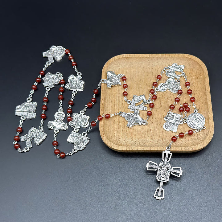 Christianartworkshop Via Crucis the Stations of the Cross Round Red/Black Agate Alloy Chain Rosary