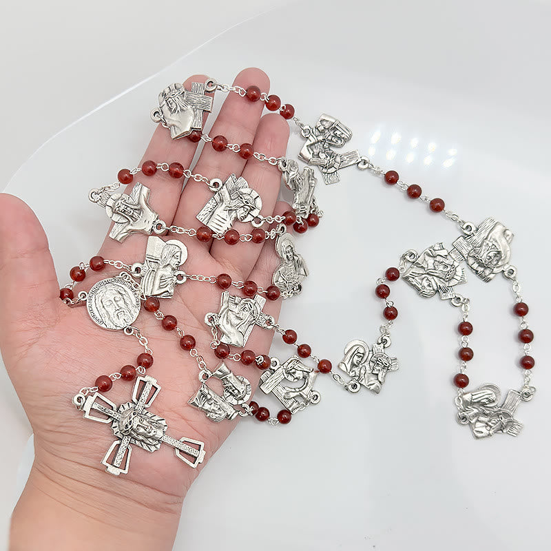 Christianartworkshop Via Crucis the Stations of the Cross Round Red/Black Agate Alloy Chain Rosary