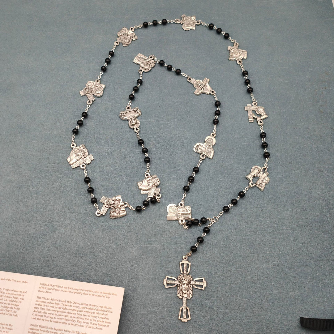 Christianartworkshop Via Crucis the Stations of the Cross Round Red/Black Agate Alloy Chain Rosary