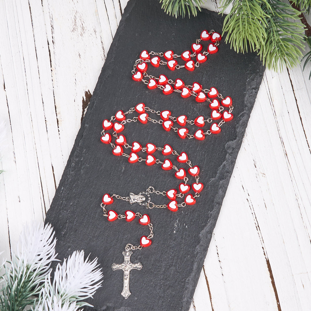 Christianartworkshop Virgin Mary & Crucifix of 6 mm Heart Multicolor Acrylic Alloy Chain Rosary(4 color) - Red - image 0