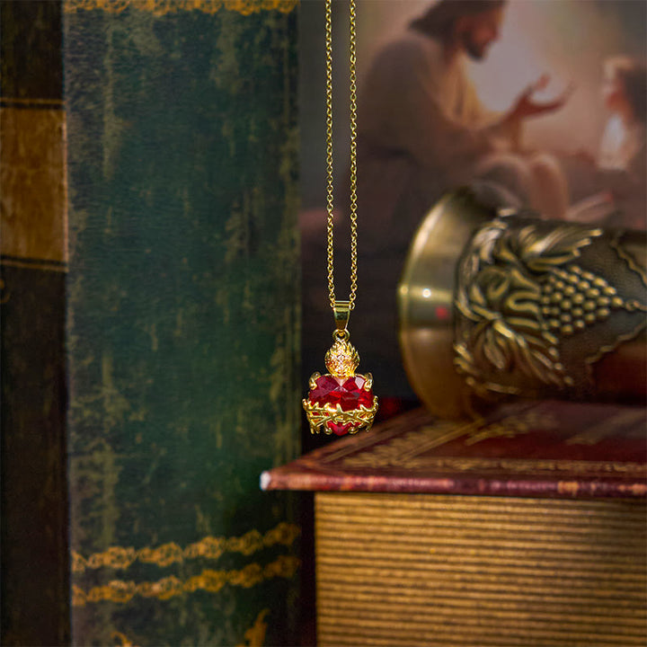 Christianartworkshop Modern Style Crafted Red Gemstones Sacred Heart of Jesus Pendant Necklace - image 5