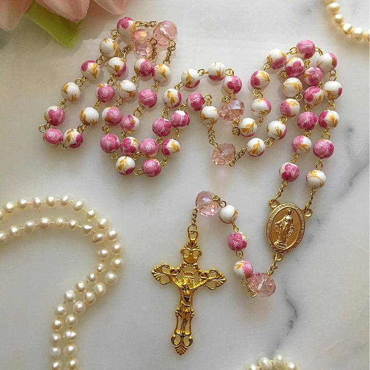 Christianartworkshop Miraculous Medal & Crucifix of 8 mm Round Floral Pink Ceramic Alloy Chain Rosary