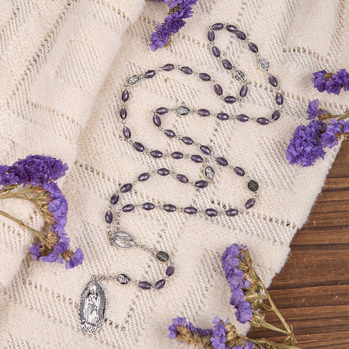 Christianartworkshop Miraculous Medal & Our Lady of Guadalupe of 6*8mm Oval Purple Crystal Alloy Chain Rosary - Purple - image 0