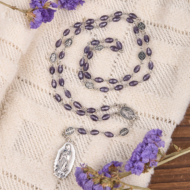Christianartworkshop Miraculous Medal & Our Lady of Guadalupe of 6*8mm Oval Purple Crystal Alloy Chain Rosary - image 1