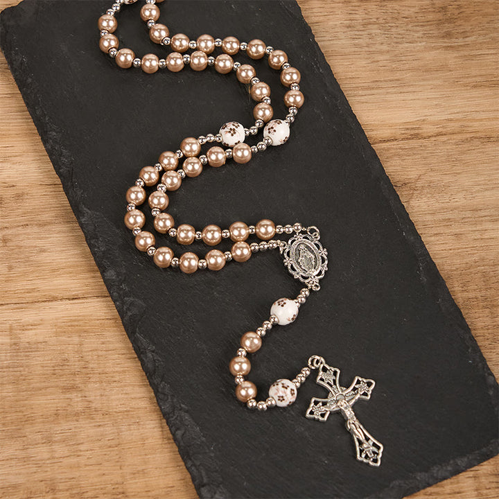 Christianartworkshop Miraculous Medal & Crucifix of 10mm Round Multicolor Pearl/Ceramics Rosary
