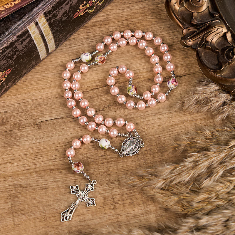 Christianartworkshop Miraculous Medal & Crucifix of 10mm Round Multicolor Pearl/Ceramics Rosary