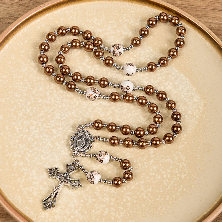 Christianartworkshop Miraculous Medal & Crucifix of 10mm Round Multicolor Pearl/Ceramics Rosary