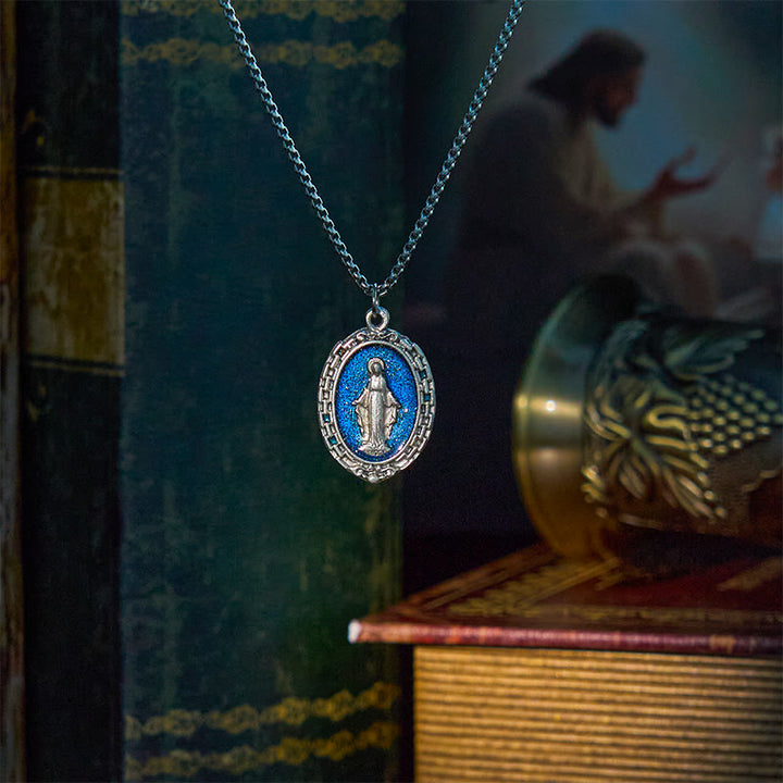 Christianartworkshop Classic Style Crafted Holy Miraculous Medal Enamel Relief Pendant Necklace