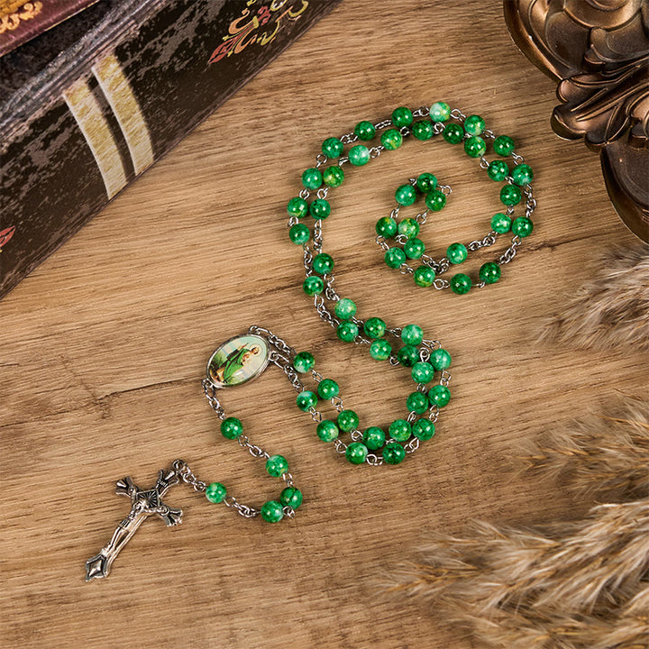 Christianartworkshop St. Jude & Crucifix of 8 mm Round Green Glass Alloy Chain Rosary - Green - image 0