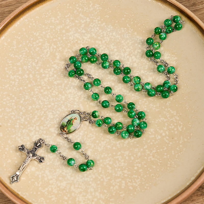 Christianartworkshop St. Jude & Crucifix of 8 mm Round Green Glass Alloy Chain Rosary - image 3