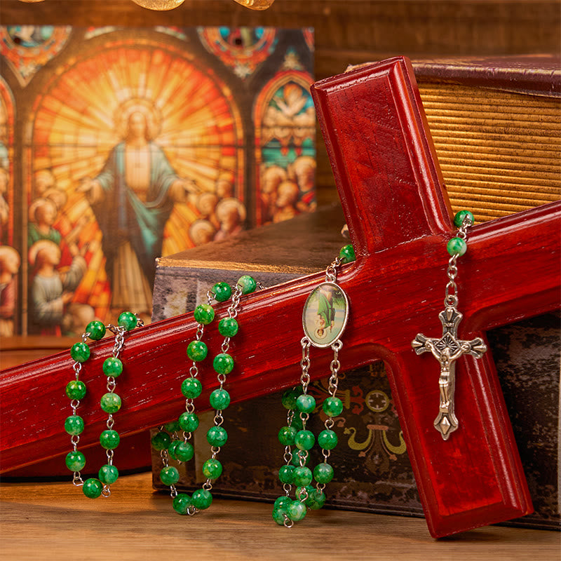 Christianartworkshop St. Jude & Crucifix of 8 mm Round Green Glass Alloy Chain Rosary - image 1