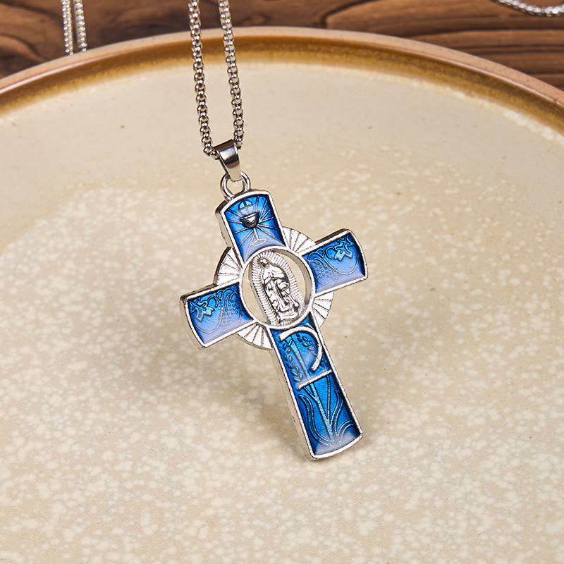 Christianartworkshop 6 Color Virgin Mary  Our Lady of Guadalupe Faith Cross Pendant Necklace - Blue - image 0