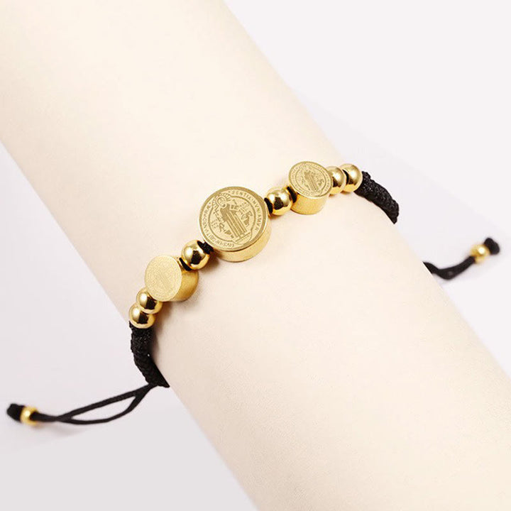 Christianartworkshop Stainless Steel Braided St. Benedict Black Rope String Bracelet - image 1