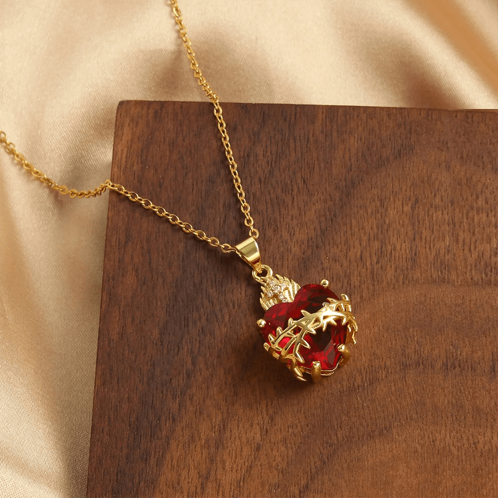 Christianartworkshop Modern Style Crafted Red Gemstones Sacred Heart of Jesus Pendant Necklace - Sacred Heart of Jesus - image 0