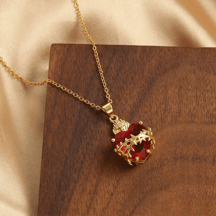 Christianartworkshop Modern Style Crafted Red Gemstones Sacred Heart of Jesus Pendant Necklace - Sacred Heart of Jesus - image 0