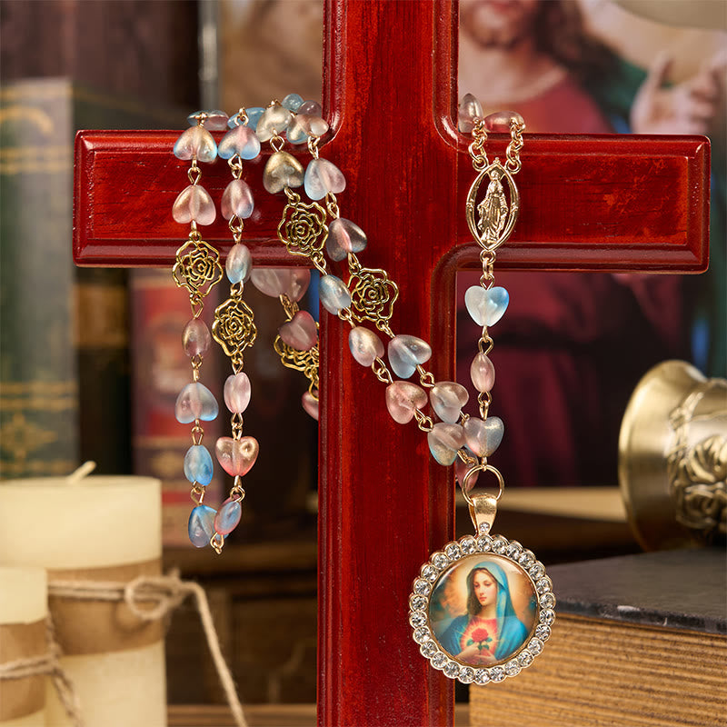 Christianartworkshop Miraculous Medal & Immaculate Heart of 10mm Heart Rose Multicolor Glass Alloy Chain Rosary - image 1