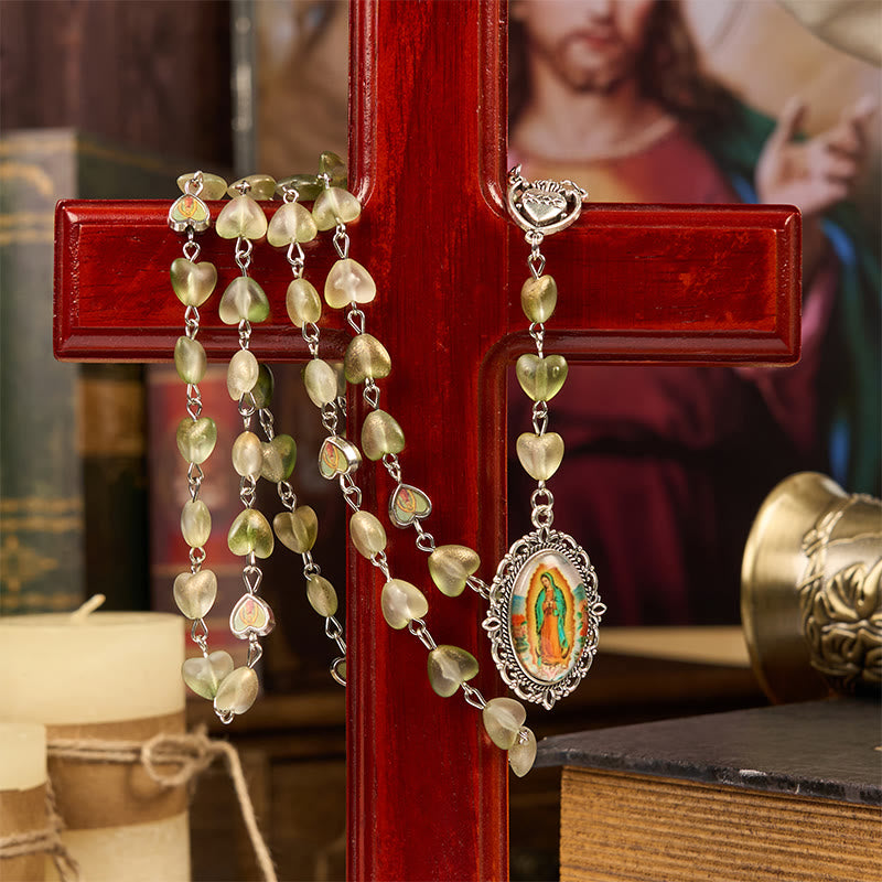 Christianartworkshop Heart of Thorns & Our Lady of Guadalupe of 10mm Heart Green Glass Alloy Chain Rosary - image 1