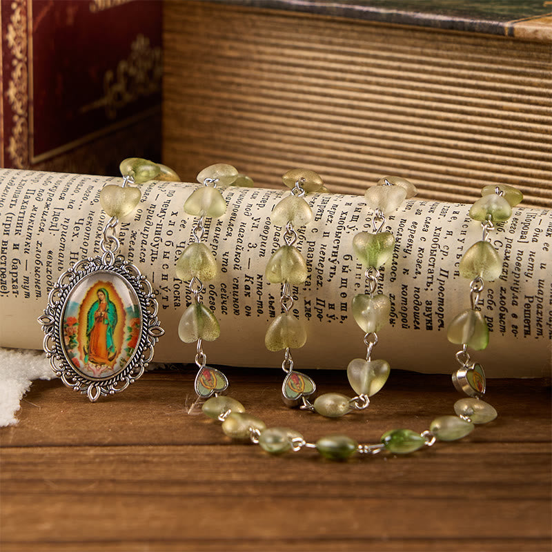 Christianartworkshop Heart of Thorns & Our Lady of Guadalupe of 10mm Heart Green Glass Alloy Chain Rosary - image 4