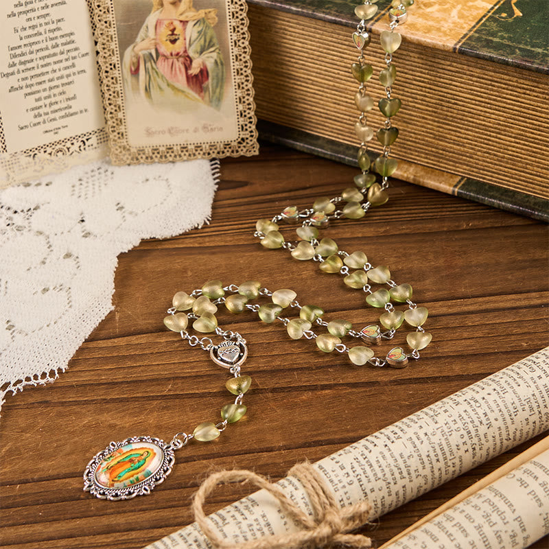 Christianartworkshop Heart of Thorns & Our Lady of Guadalupe of 10mm Heart Green Glass Alloy Chain Rosary - Green - image 0
