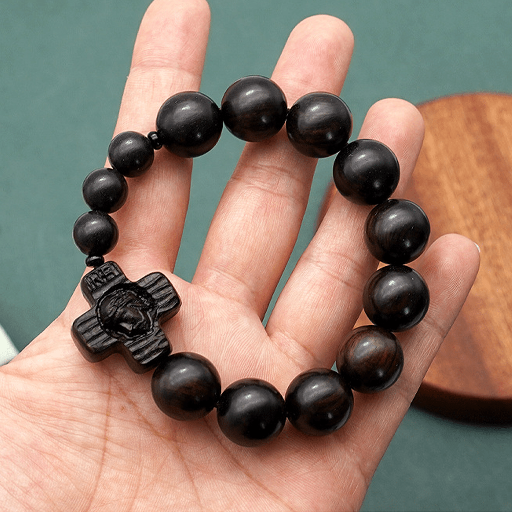 Christianartworkshop Classic Jesus Christ Cross Black Sandalwood Rosary Bracelet - 15mm - image 7