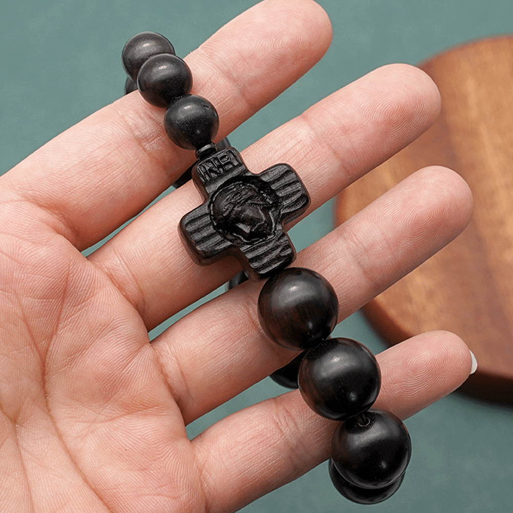 Christianartworkshop Classic Jesus Christ Cross Black Sandalwood Rosary Bracelet - image 10