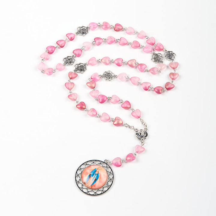 Christianartworkshop Rose & Miraculous Medal of 10mm Heart Rose Pink Glass Alloy Chain Rosary - image 5