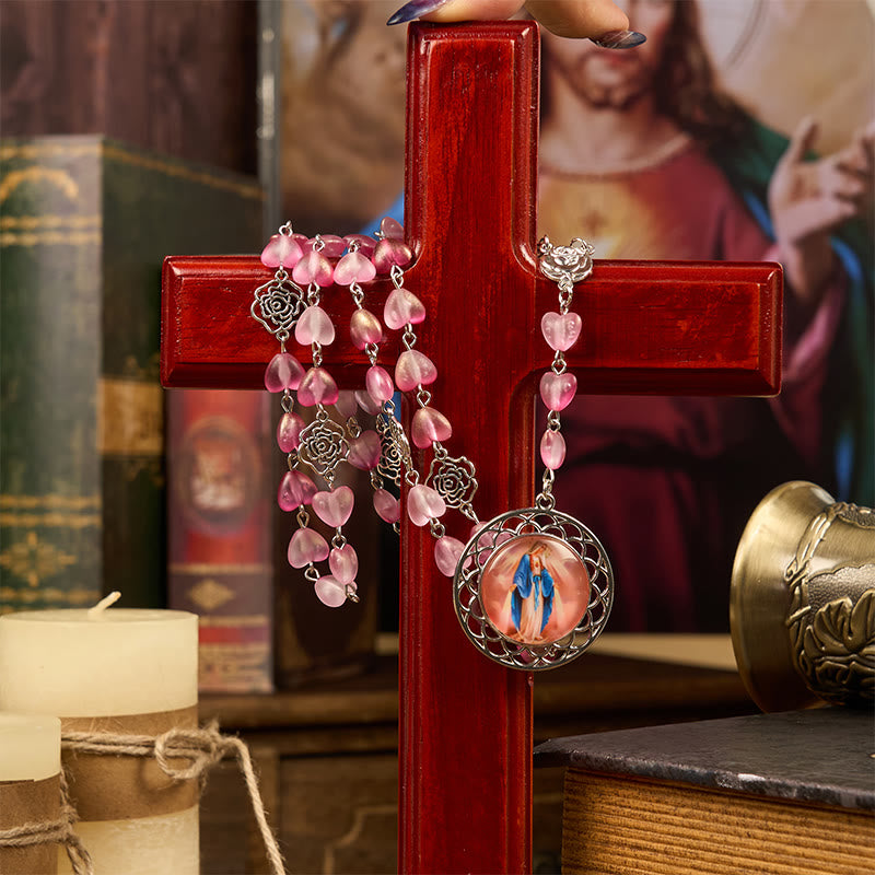 Christianartworkshop Rose & Miraculous Medal of 10mm Heart Rose Pink Glass Alloy Chain Rosary - image 3