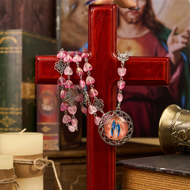 Christianartworkshop Rose & Miraculous Medal of 10mm Heart Rose Pink Glass Alloy Chain Rosary - image 3