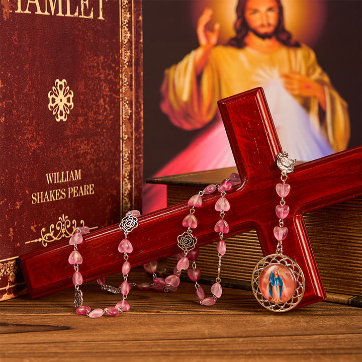 Christianartworkshop Rose & Miraculous Medal of 10mm Heart Rose Pink Glass Alloy Chain Rosary - image 4