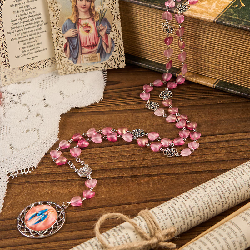 Christianartworkshop Rose & Miraculous Medal of 10mm Heart Rose Pink Glass Alloy Chain Rosary - image 1