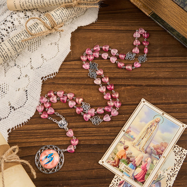 Christianartworkshop Rose & Miraculous Medal of 10mm Heart Rose Pink Glass Alloy Chain Rosary - image 2
